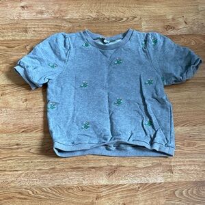 Gray Floral Embroidered Cropped Short Sleeve Sweatshirt SP